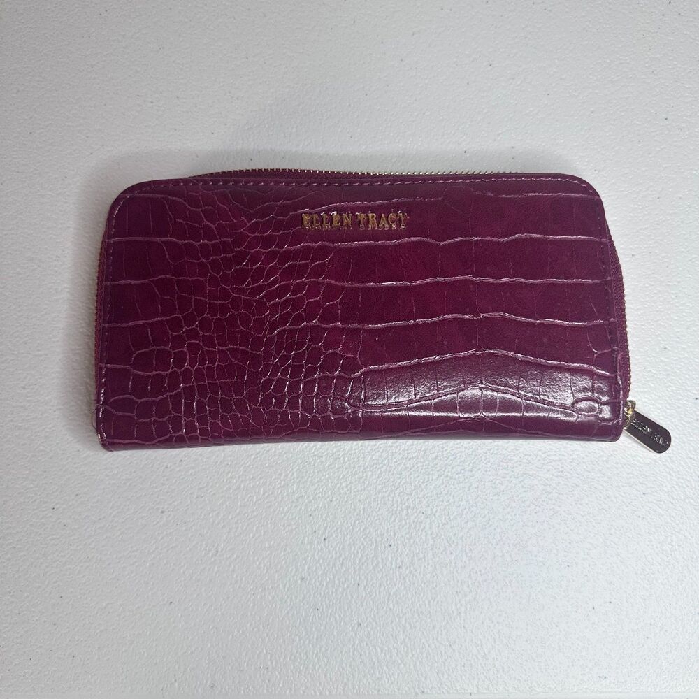 Ellen Tracy Croc-Embossed Zip-Around Wallet – Burgundy/Wine, Gold Hardware